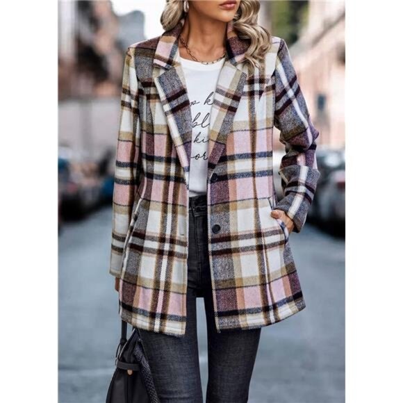 Women's 2024 Plaid Shacket Jacket Casual Button Wool Blend Winter Trench Coat - Picture 6 of 7